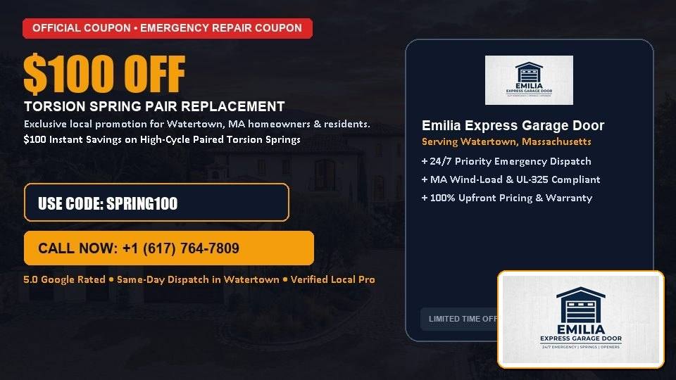 $100 OFF Dual High-Cycle Torsion Spring Replacement in Watertown, MA - Emilia Express Garage Door